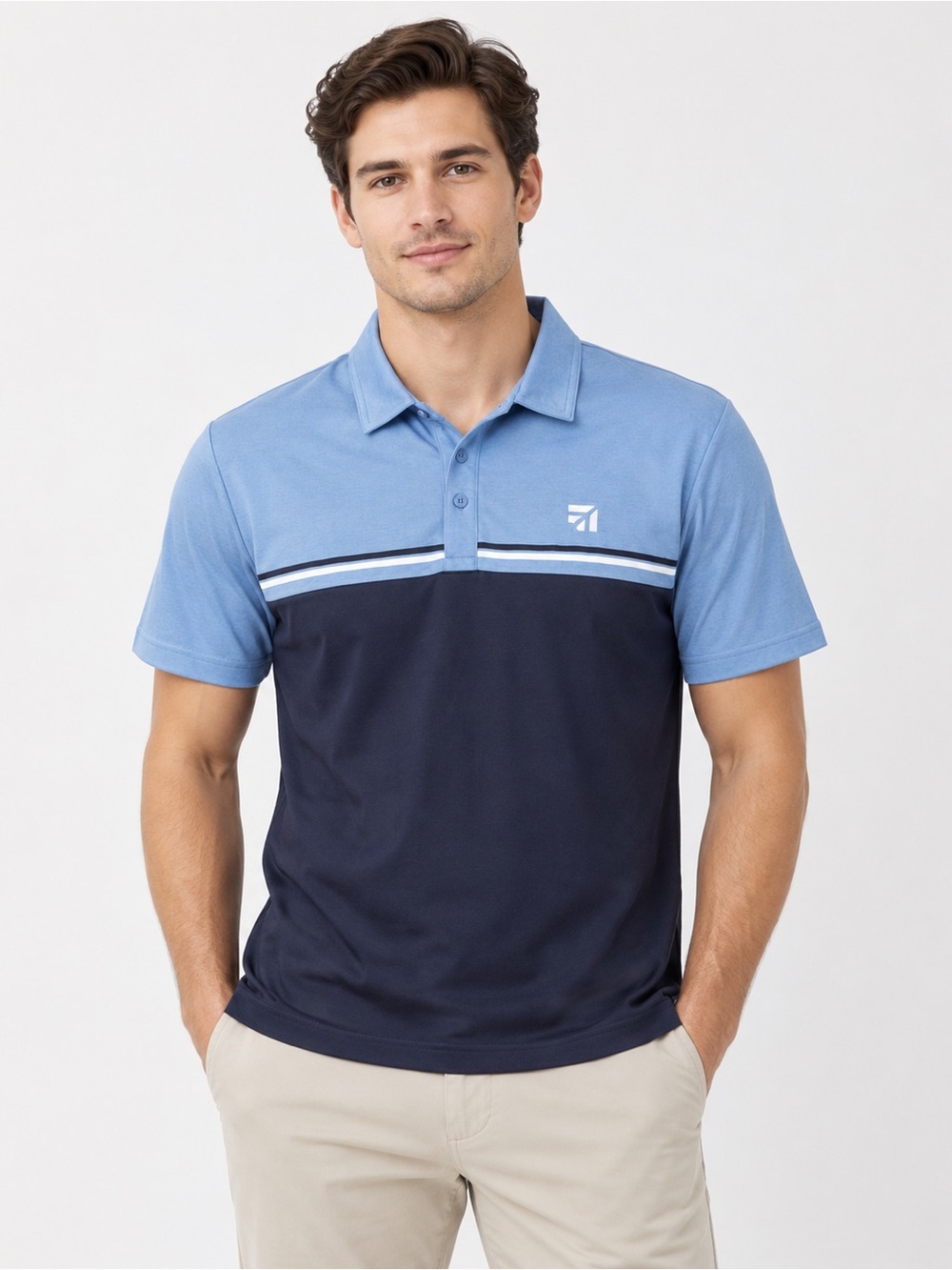 Travis Mathew Two-Tone Light Blue and Navy Polo with Stripe XXL
